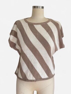 Vintage Diagonal Striped Crewneck Sweater in Cream and Brown